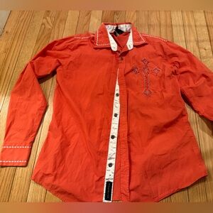Patron Cito Coral Red Button-Up Shirt with Embroidered Cross